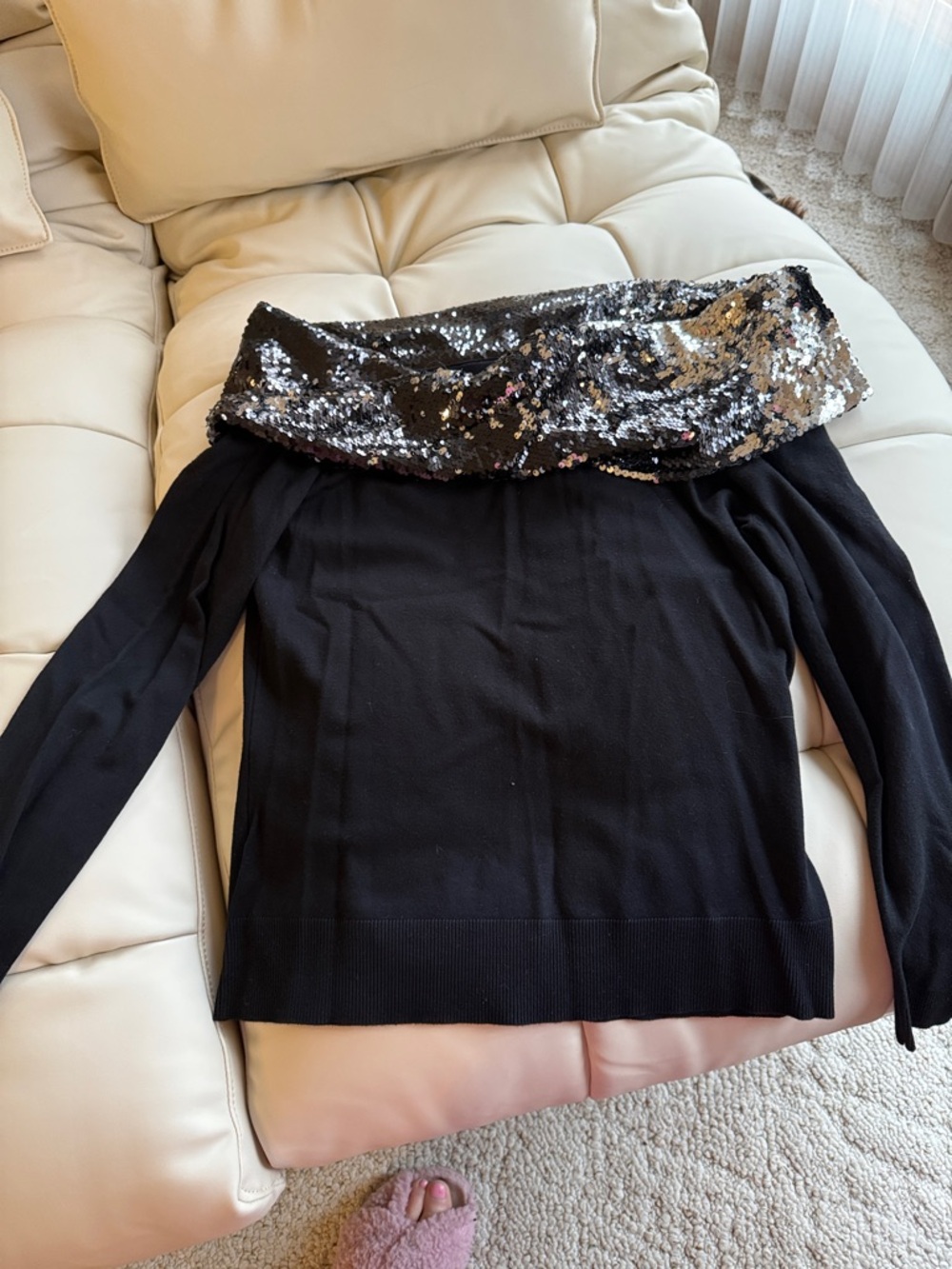 Black Off-Shoulder Sweater with Sequin Foldover Neckline